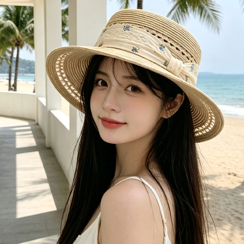 法式复古细草平顶帽女夏季透气