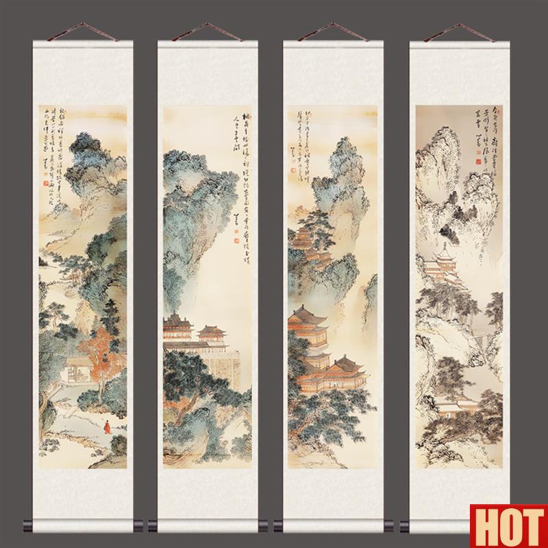 水楼阁国画卷轴风水装饰画 无框丝绸P挂画办公室适用