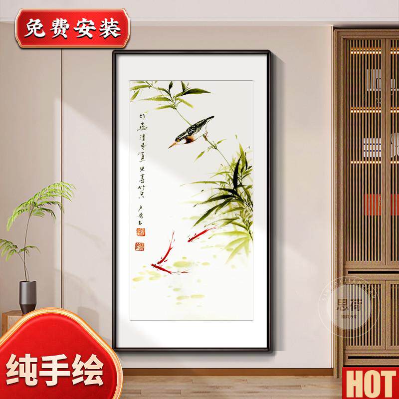 中式走廊过道竖版入户玄关纯手绘山水装饰画花鸟挂x画壁画办公室