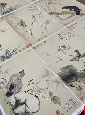 华岩华岩花鸟草虫小品8张中式设色写意山水画e高清绢布微喷复制