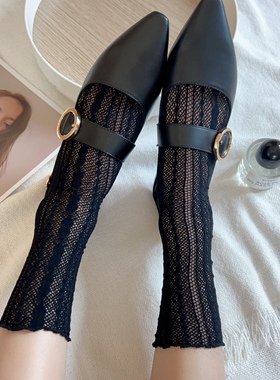夏季薄款黑色日系网眼透视中筒袜蕾丝花纹ins花边透气性感小腿袜