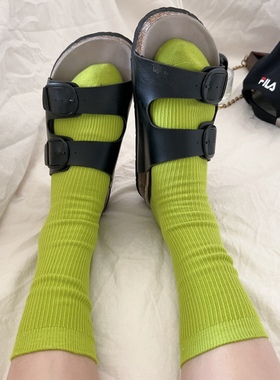 春夏牛油果绿色中筒袜ins潮风坑条袜纯色基础百搭原宿堆堆袜长袜