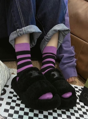 春季新款紫色复古拼接中长筒棉袜梦幻紫学院风日系条纹花紫网红袜