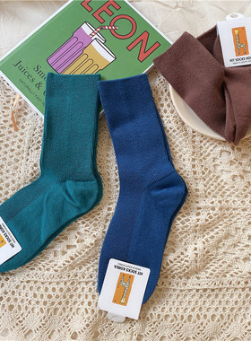 韩代东大门进口中筒袜女棉ins孔雀蓝袜子靛蓝色百搭学院风堆堆袜