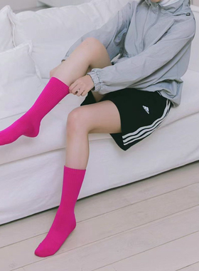 韩国进口秋冬糖果色高筒袜简约运动瑜伽袜纯色玫红果绿色中长筒袜