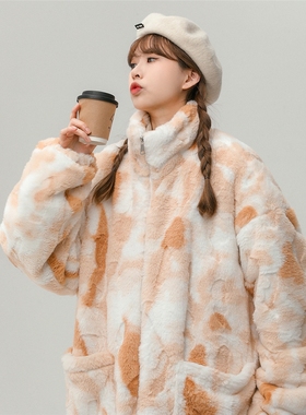 libetter25AW中性风羊羔毛保暖棉衣扎染宽松大码毛绒棉服外套女