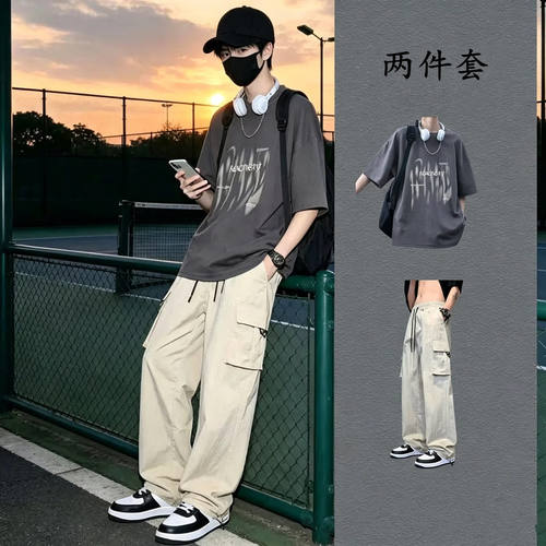 libetter美式纯棉短袖T恤男夏季套装青少年夏天搭配冰丝工装裤子