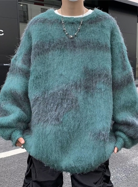 美式复古高街慵懒风拼色圆领印花毛衣男女高级感套头休闲中性上衣