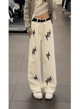 libetter25AW美式休闲复古闪电刺绣牛仔裤男女秋潮牌痞帅炸街裤