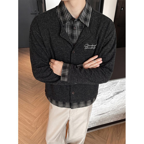 秋季复古学院风翻领假两件男夹克