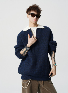 lilbetter25AW冬季新款男装英伦风翻领假两件休闲毛衣重磅针织衫