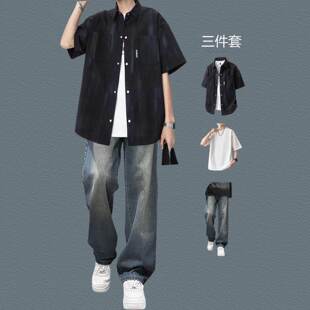 libetter夏季 男港风潮流扎染短袖 衬衫 休闲帅气一套感学生搭配 套装