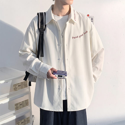 无性别中性风翻领印花长袖衬衫