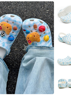 Crocs卡骆驰经典格纹印花洞洞鞋夏季户外休闲平底拖鞋凉鞋211006