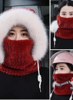 围脖口罩一体帽子抓绒帽女冬季加绒加厚护耳防风棉帽骑车保暖神器