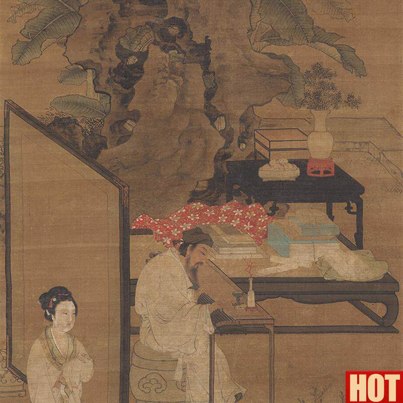 杜堇听琴图国画山水人物绢布画艺术微喷复制品字画仿x古画装饰画