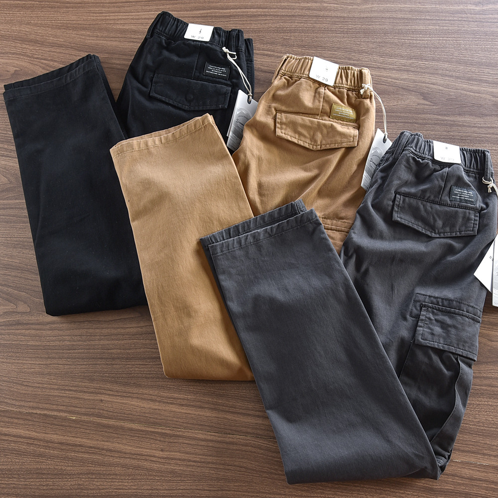 2024秋冬日系复古直筒工装裤男士水洗纯棉多口袋休闲裤松紧腰长裤,男装,休闲裤,淘宝优惠券,粉丝福利购,淘宝优惠卷