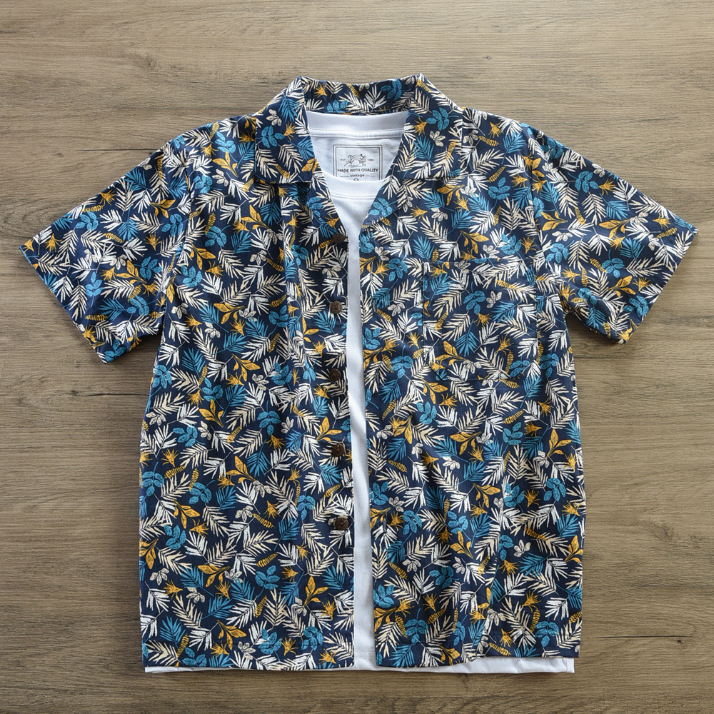 2024年新款痞帅男短袖休闲衬衣夏威夷沙滩上衣古巴领港风印花衬衫