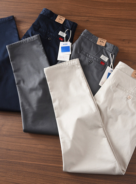 5063H#春秋厚款纯棉微弹米白色高端男士休闲裤小直筒修身裤子长裤