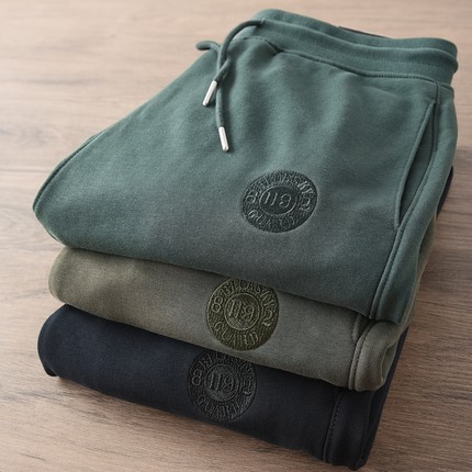 春秋舒适毛圈棉休闲卫裤男精工刺绣弹力修身小脚裤宽松运动裤男潮