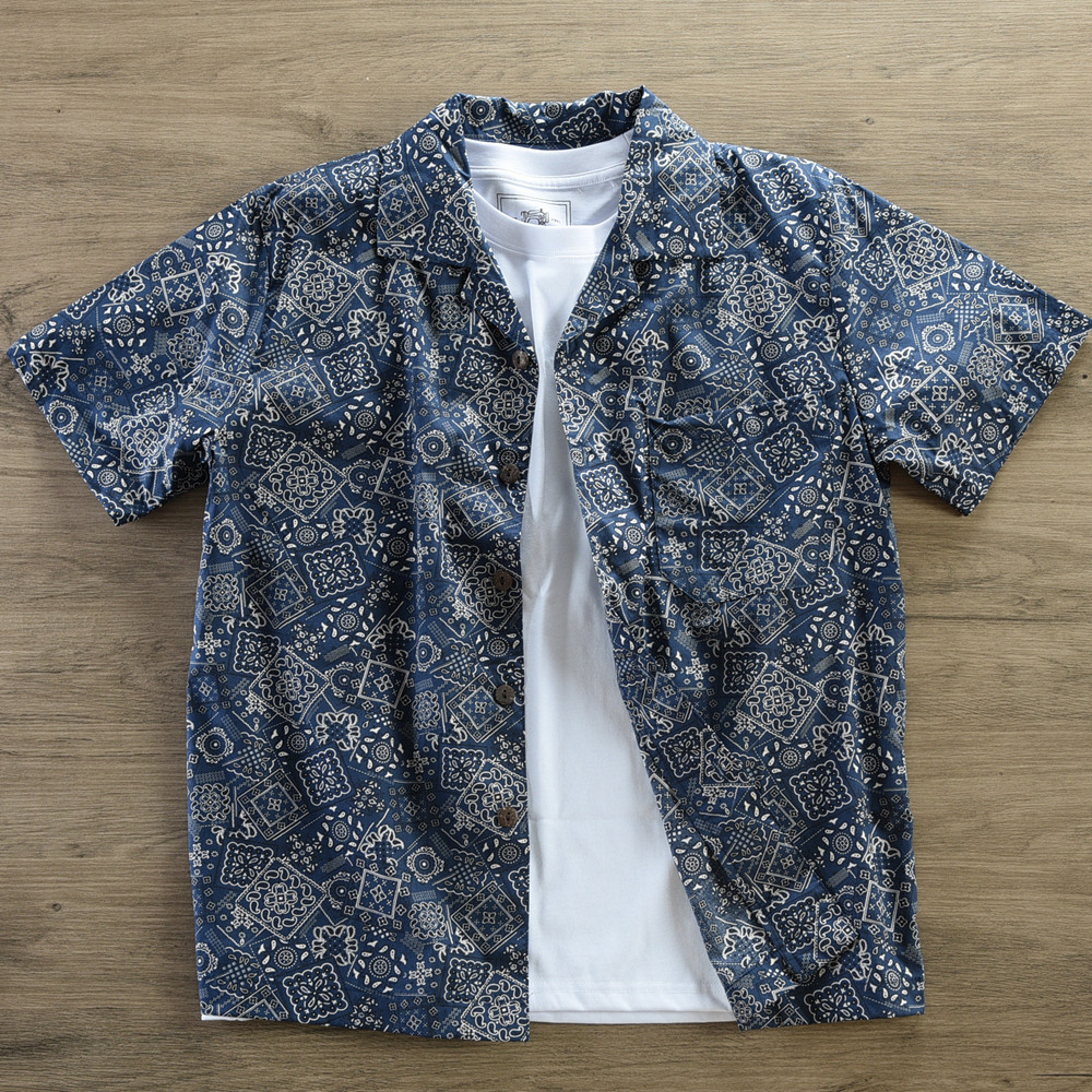2024年新款港风印花痞帅男短袖衬衫古巴领美式复古高级感休闲衬衣