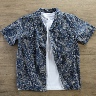 2024年新款港风印花痞帅男短袖衬衫古巴领美式复古高级感休闲衬衣