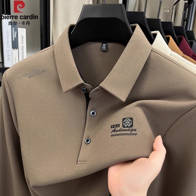 皮尔卡丹高档男士新款秋冬加厚长袖T恤男翻领打底衫双面德绒保暖t