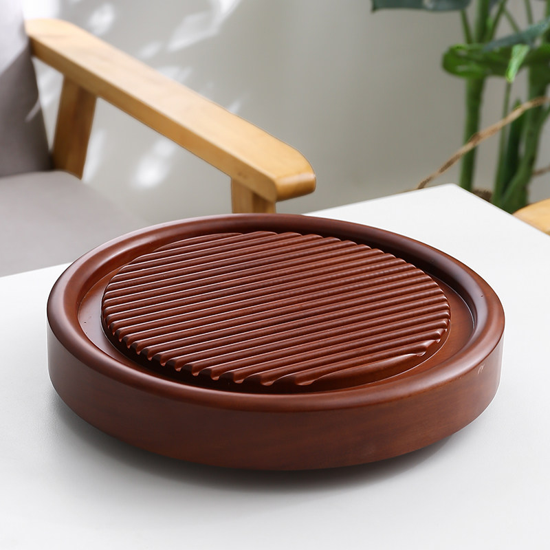 整块花梨木圆形茶盘排水家用实木干泡茶台简约茶海小型流水茶托盘