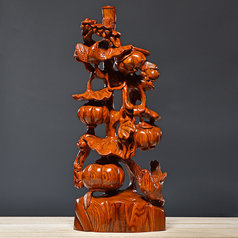 黄花梨木雕南瓜蔓藤摆件顶呱呱雕刻工艺品红木仿古装饰家居装饰品