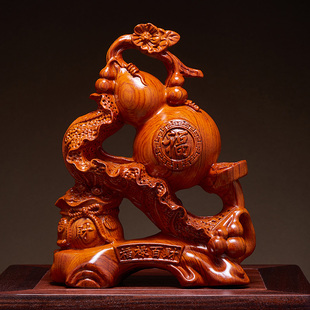 花梨木雕福禄百财葫芦摆件实木质聚宝盆如意客厅玄关店铺开业送礼