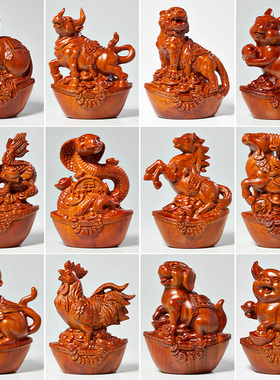 花梨木雕十二生肖摆件全套生肖狗鼠铜牛马虎兔龙鸡羊猴蛇猪工艺礼