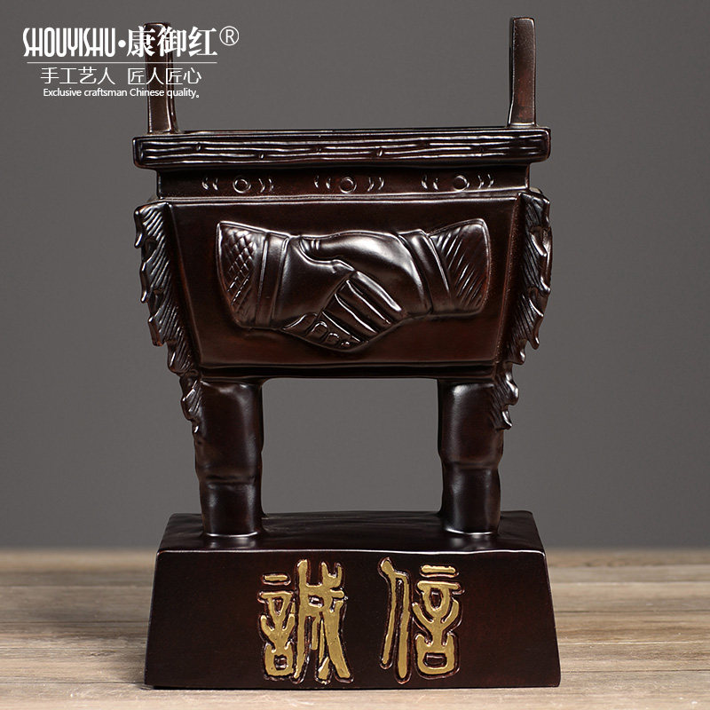 黑檀木雕鼎盛千秋摆件实木雕刻诚信鼎家居香炉仿古器鼎开业礼品