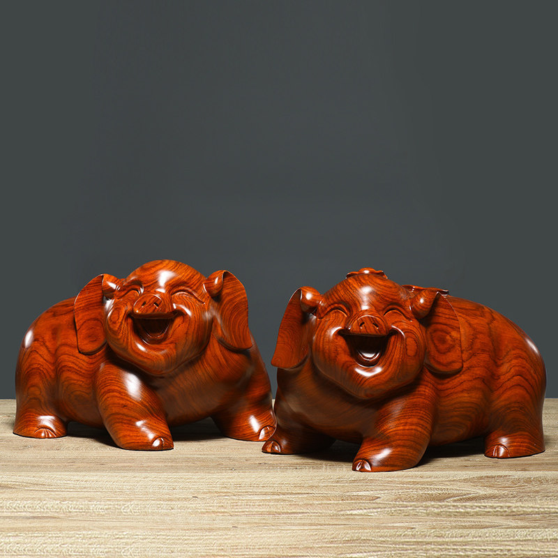 花梨木雕蝙蝠猪摆件十二生肖 红木发财猪家居饰品风水工艺礼品