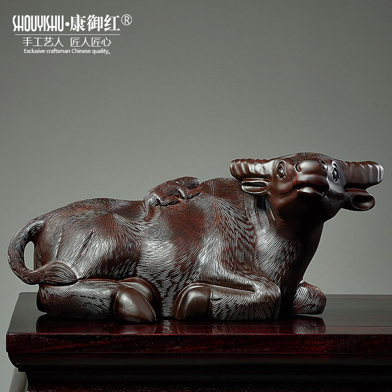 黑檀木雕卧牛摆件老鼠骑牛家居办公室装饰水牛新居开业送礼工艺品