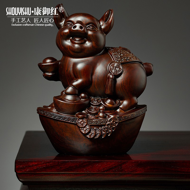 木雕福猪摆件实木生肖元宝猪客厅玄关电视柜家居装饰乔迁创意礼品