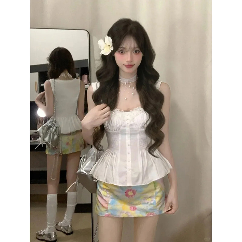立体蕾丝小花拼接收腰显瘦吊带背心女夏季油画印花半身短裙两件套