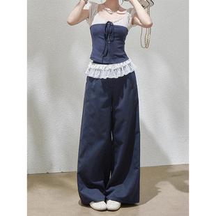 撞色拼接绑带短袖 上衣女夏2025新款 蕾丝花边高腰阔腿垂感长裤 套装