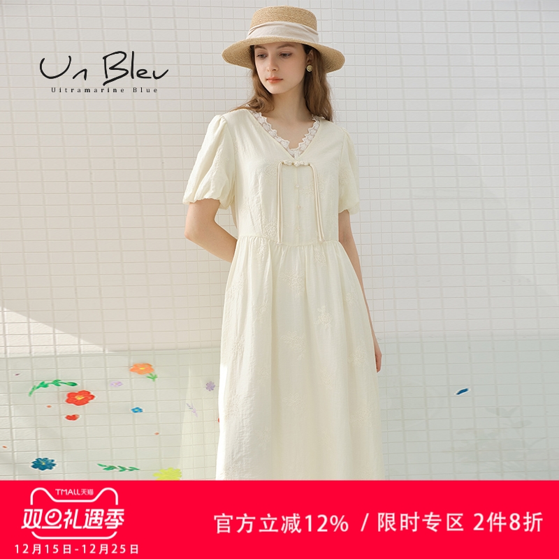 UnBleu泡泡袖连衣裙女天丝提花