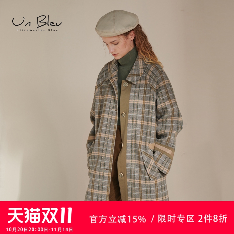 unbleu毛呢复古格纹原创绿色外套