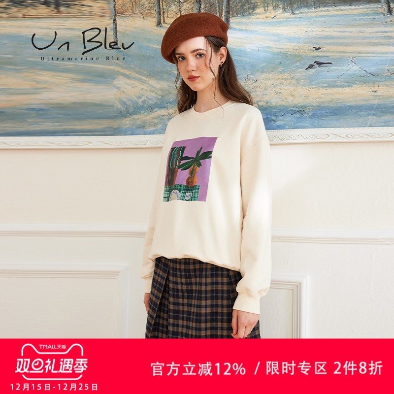 unbleu圆领卫衣女加绒休闲时尚
