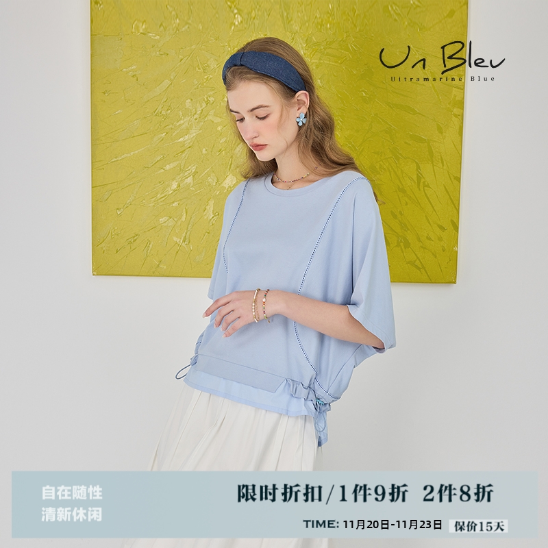 蓝色t恤女夏装设计感小众假两件