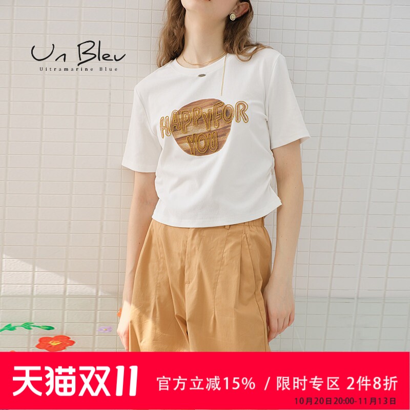 UnBleu刺绣t恤女秋夏新款宽松时尚休闲短袖女装独特印花美式上衣