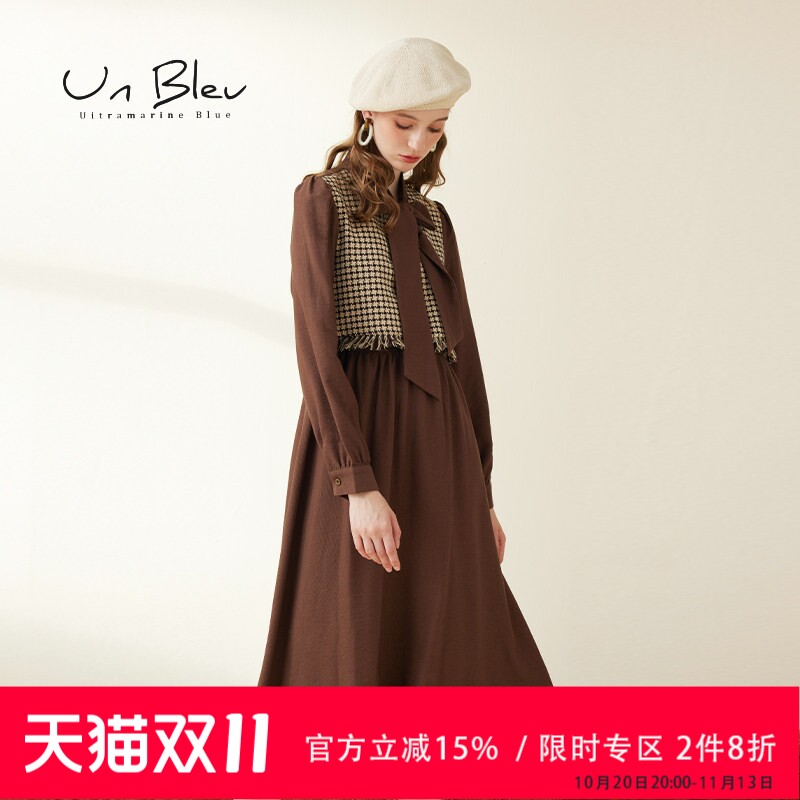 Unbleu长袖连衣裙女春秋新款复古文艺设计感女装拼接假两件裙子