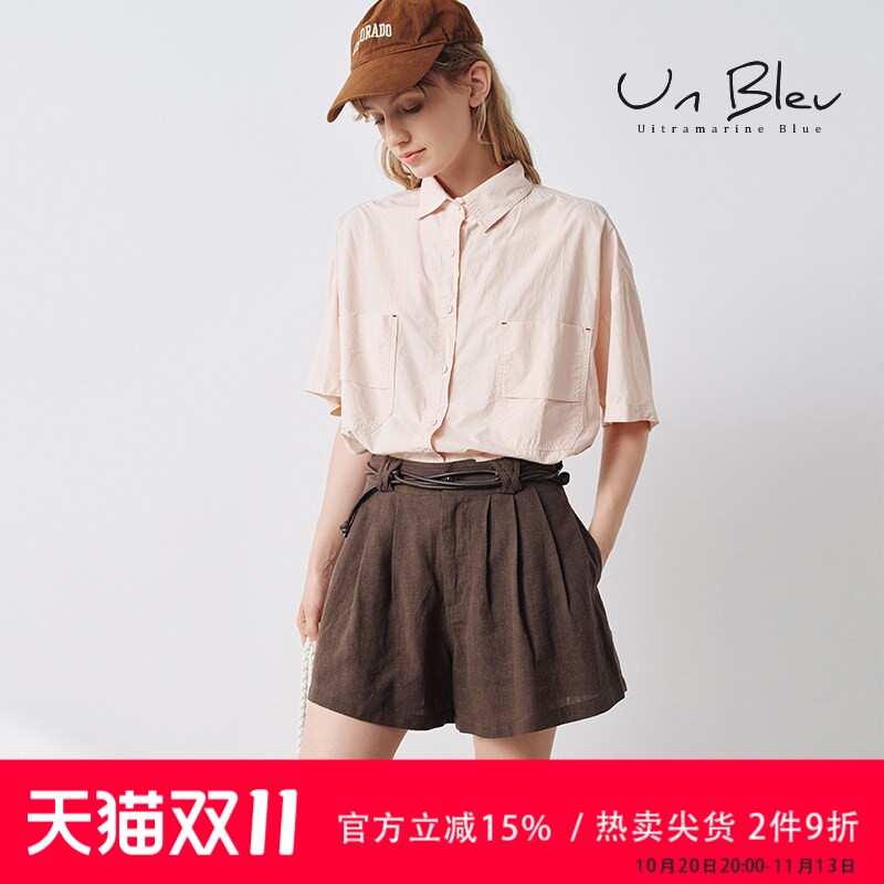 unbleu粉色衬衫女夏薄款新款宽松慵懒风夏日女装纯棉短袖上衣