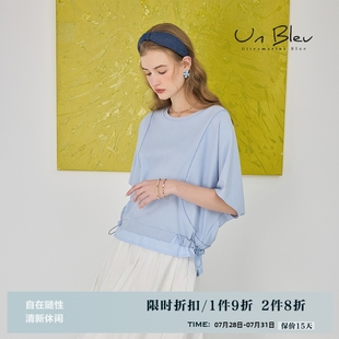 蓝色t恤女显瘦新款 假两件圆领上衣女 夏装 设计感小众纯棉宽松女装
