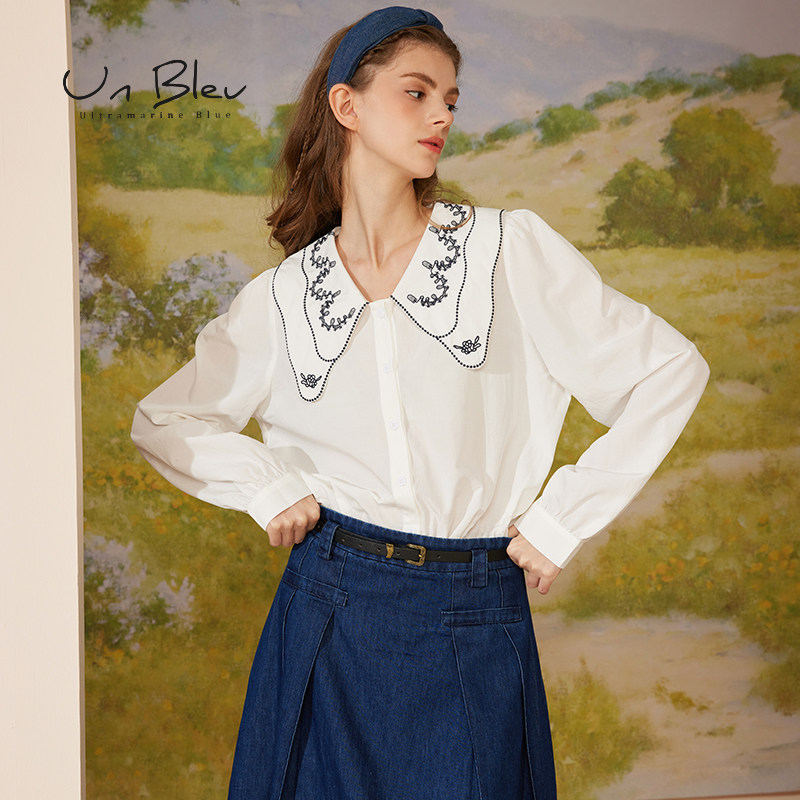 UnBleu白衬衫女宽松长袖秋装新款日系高级时尚女装绣花大翻领衬衣