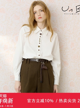 UnBleu衬衫女磨毛女装2025新款冬装高级宽松时尚气质条绒白色上衣