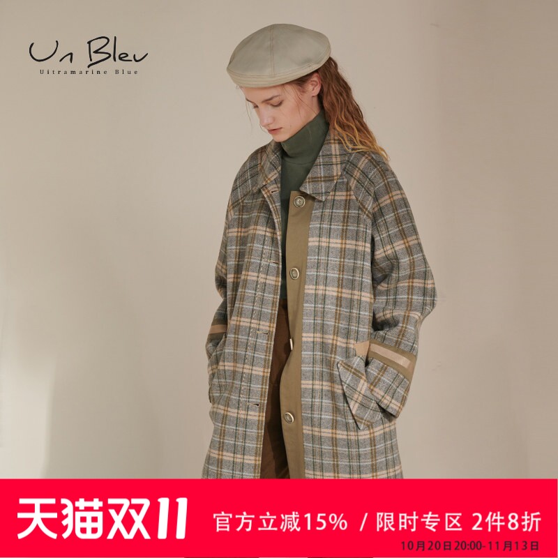 UnBleu格纹呢大衣女冬装新款原创设计感复古中长款双面呢外套