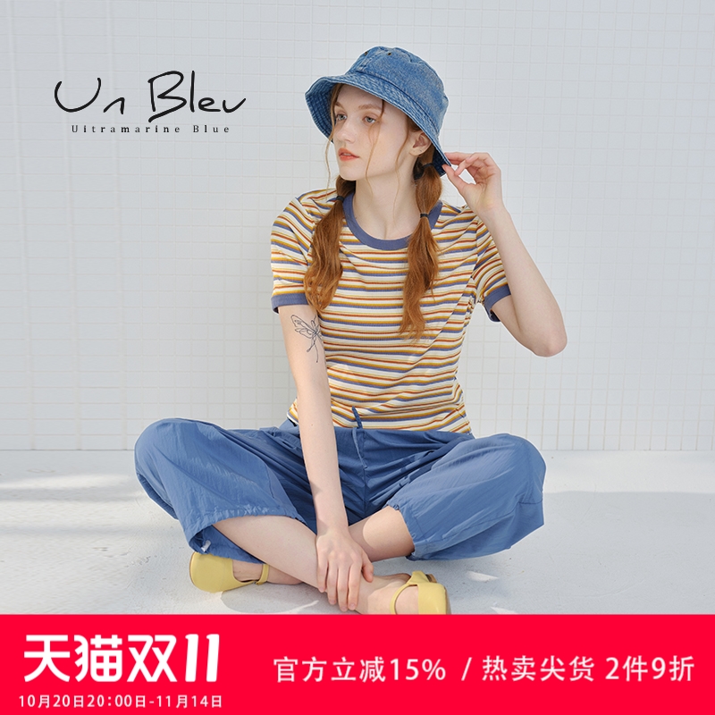 UnBleu条纹t恤女短袖正肩显瘦