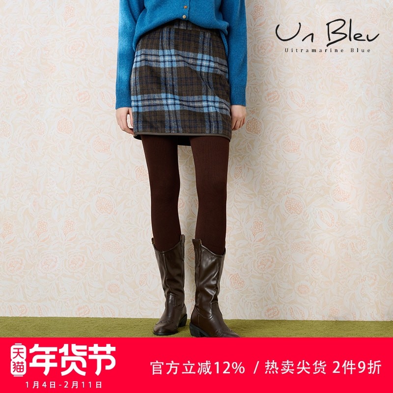 UnBleu毛呢半身裙女2025新款冬轻熟风女装直筒高级复古格纹短裙子,女装/女士精品,半身裙,淘宝优惠券,粉丝福利购,淘宝优惠卷